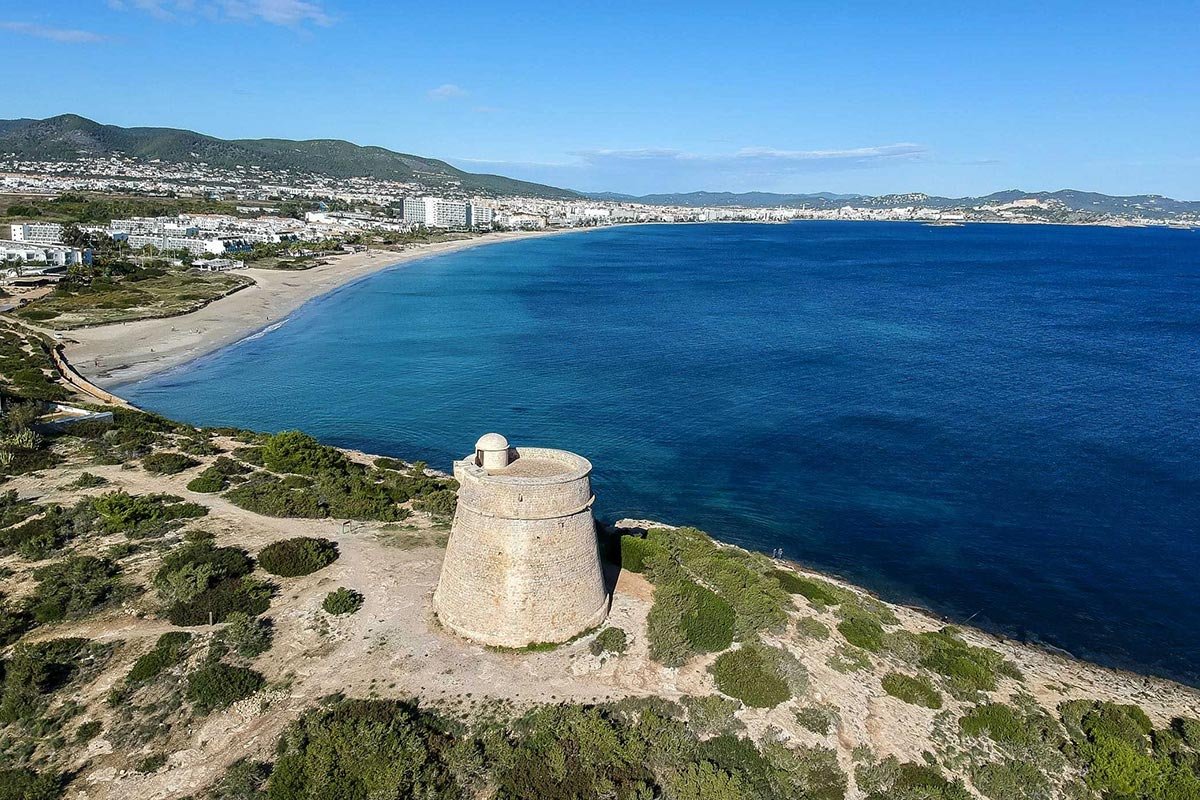 Playa d'en Bossa — long sandy south-facing beach, Ibiza
